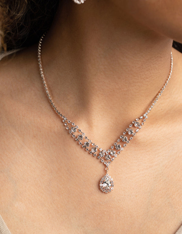Rose Gold Diamante Necklace and Earrings Set