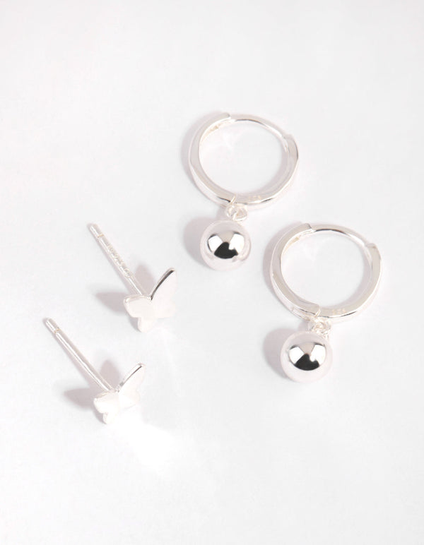 Sterling Silver Butterfly Stud and Hoop Earring Set
