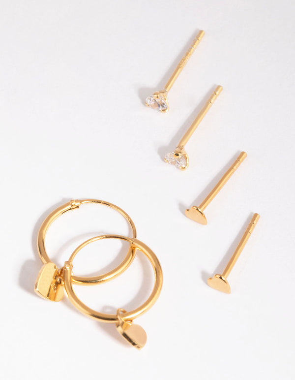 Gold Plated Sterling Silver Heart Stud and Hoop Earring Pack