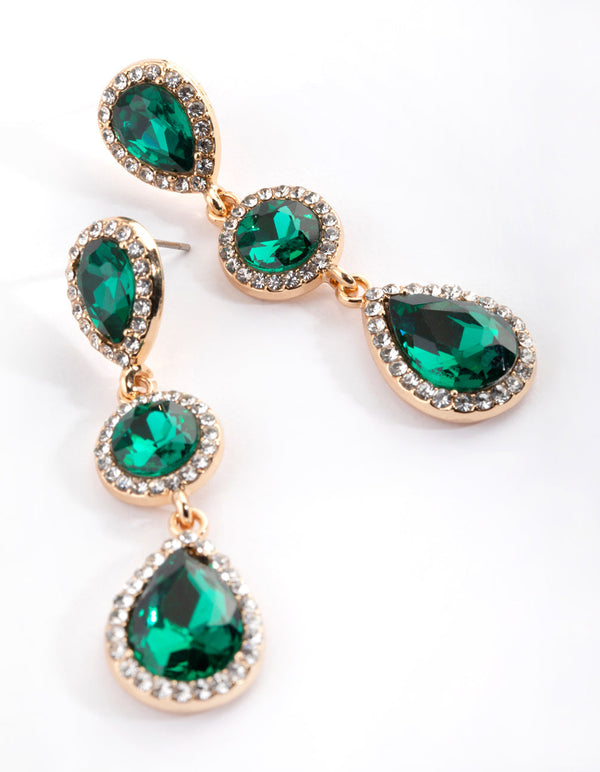 Green Diamante Circle and Teardrop Earrings