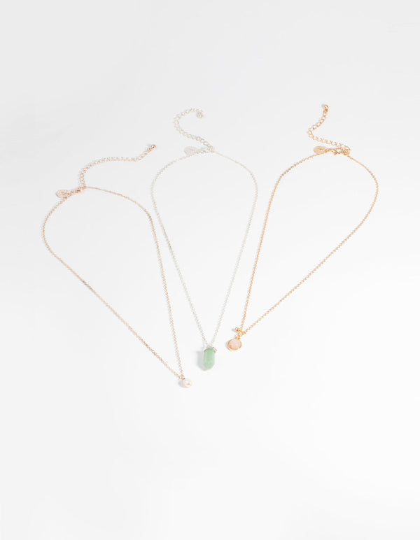 Mixed Metal Semi-Precious Pearl Necklace Set