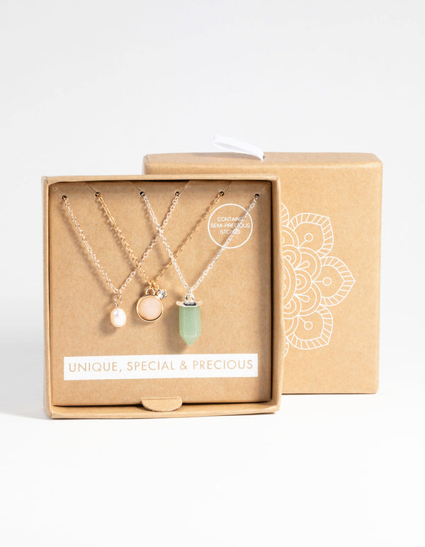 Mixed Metal Semi-Precious Pearl Necklace Set