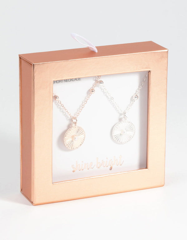 Mixed Metal Textured Disc Necklace Set