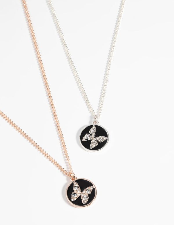 Mixed Metal Butterfly Necklace Set