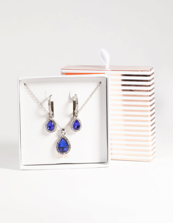 Silver Sapphire Necklace and Earring Set