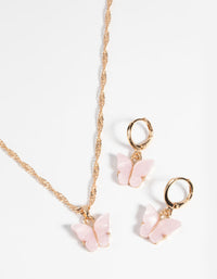 Gold and Pink Butterfly Necklace and Earring Set - link has visual effect only