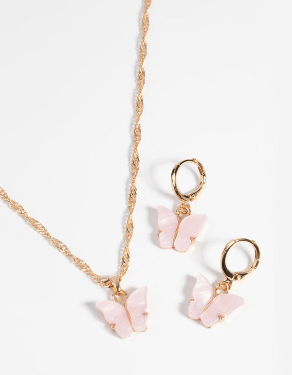 Gold and Pink Butterfly Necklace and Earring Set