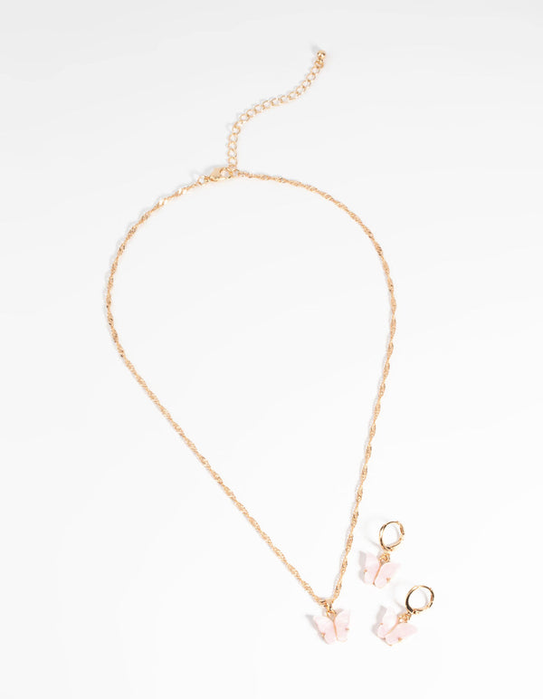 Gold and Pink Butterfly Necklace and Earring Set