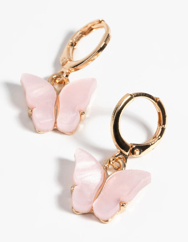 Gold and Pink Butterfly Necklace and Earring Set