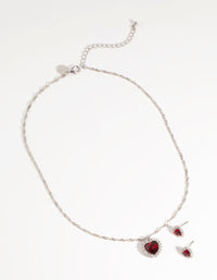 Rhodium Ruby Heart Necklace and Earring Set - link has visual effect only