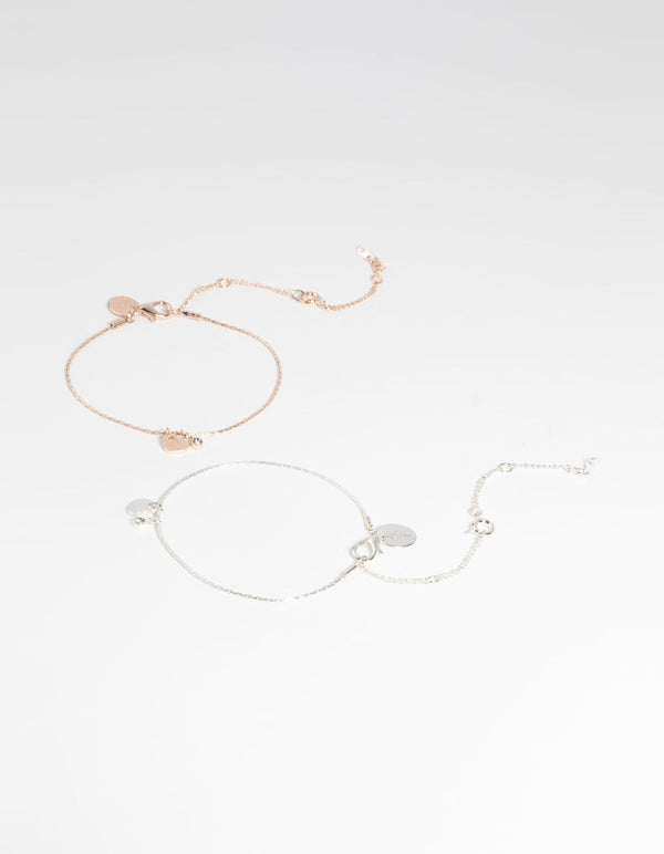 Mixed Metal Dainty Heart Charm Bracelet and Anklet Set
