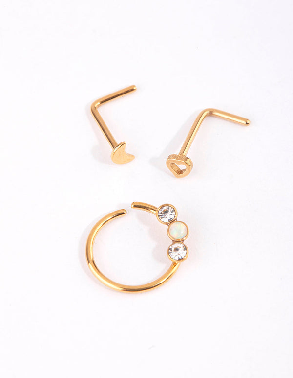 Gold Surgical Steel Heart and Moon Nose Studs