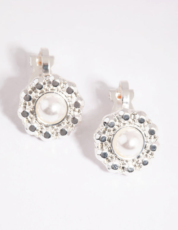 Silver Pearl and Diamante Clip On Earrings