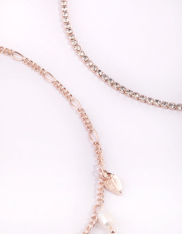 Rose Gold Pearl and Leaf Choker Necklace Set