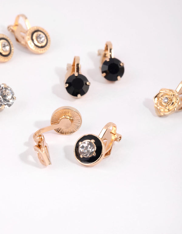Gold Diamante Clip On Earring Pack