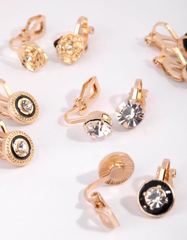 Gold Diamante Clip On Earring Pack