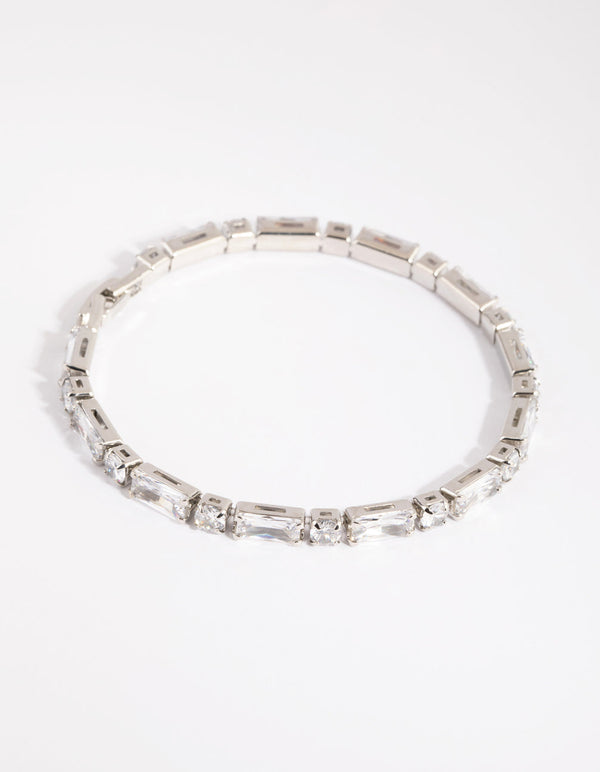 Rhodium Cubic Zirconia Round and Rectangular Tennis Bracelet