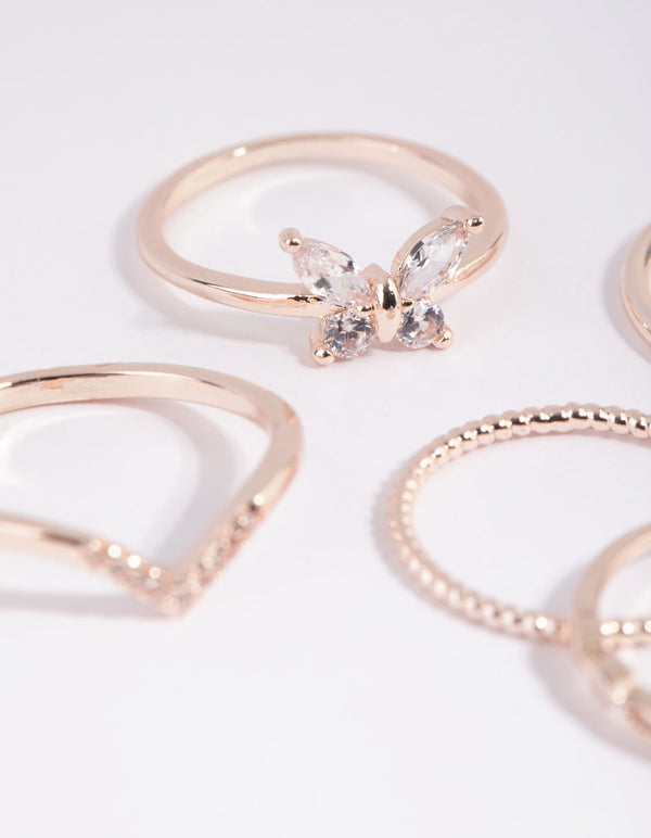 Rose Gold Cubic Zirconia Butterfly Ring Pack