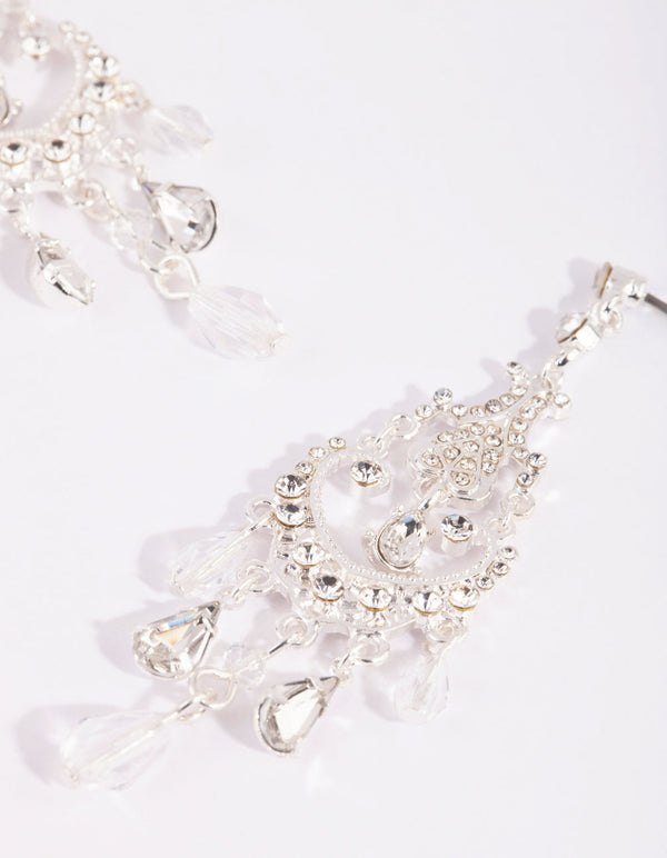 Silver Diamante Facet Bead and Diamante Drop Earrings
