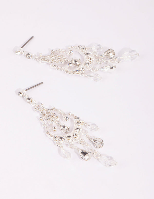 Silver Diamante Facet Bead and Diamante Drop Earrings