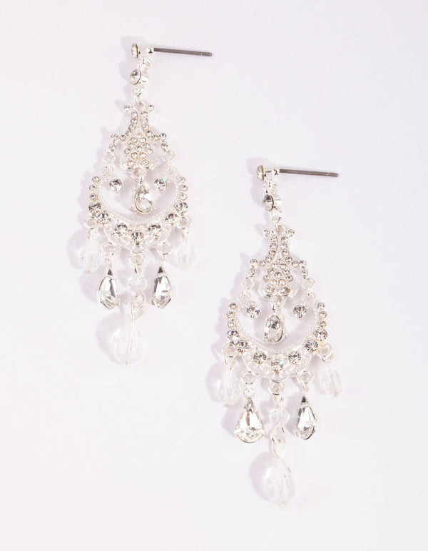 Silver Diamante Facet Bead and Diamante Drop Earrings