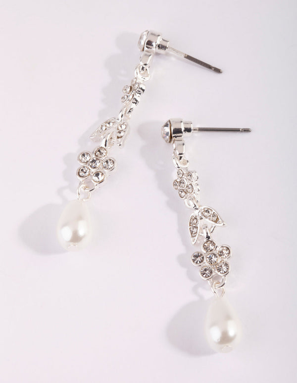 Silver Floral Pearl Drop Earrings