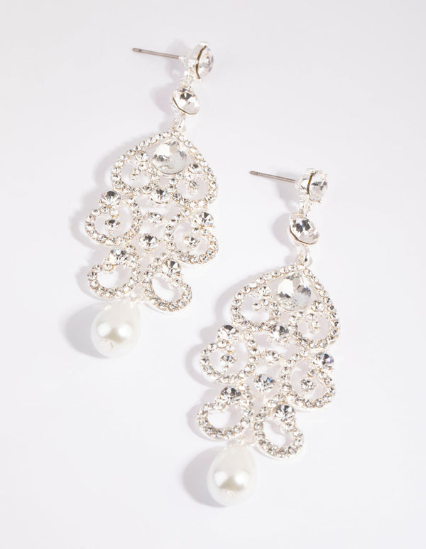 Silver Statement Diamante and Pearl Drop Earrings