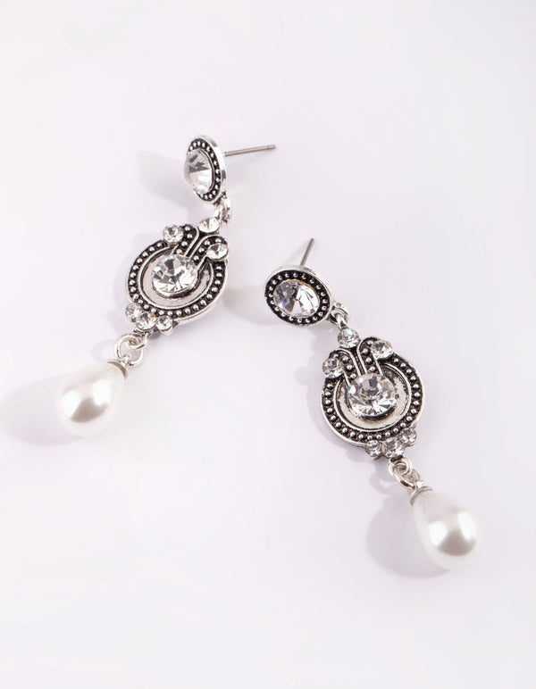 Silver Diamante and Pearl Drop Earrings