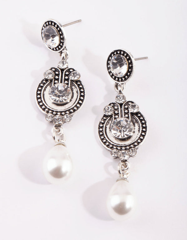 Silver Diamante and Pearl Drop Earrings