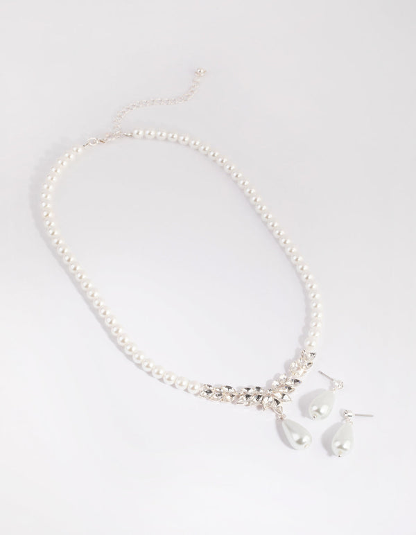 Silver Teardrop Pearl Necklace and Earrings Set