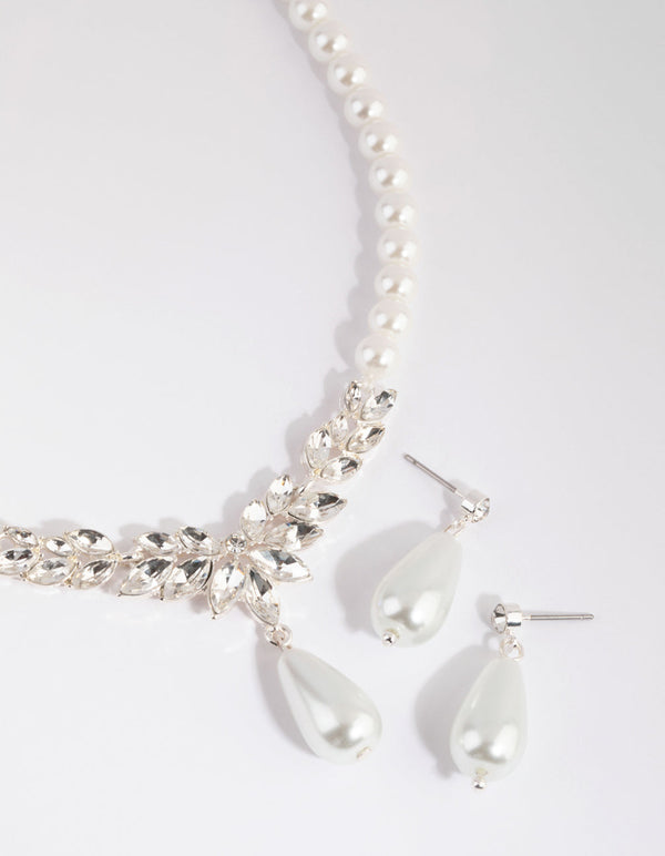 Silver Teardrop Pearl Necklace and Earrings Set