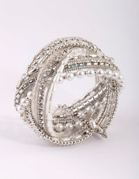 Rhodium Plaited Multi Bead Cuff Bracelet - link has visual effect only