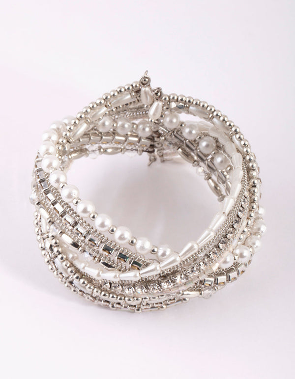 Rhodium Plaited Multi Bead Cuff Bracelet