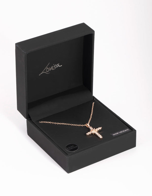 Rose Gold Cross and Diamante Necklace