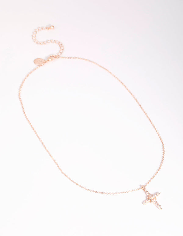 Rose Gold Cross and Diamante Necklace