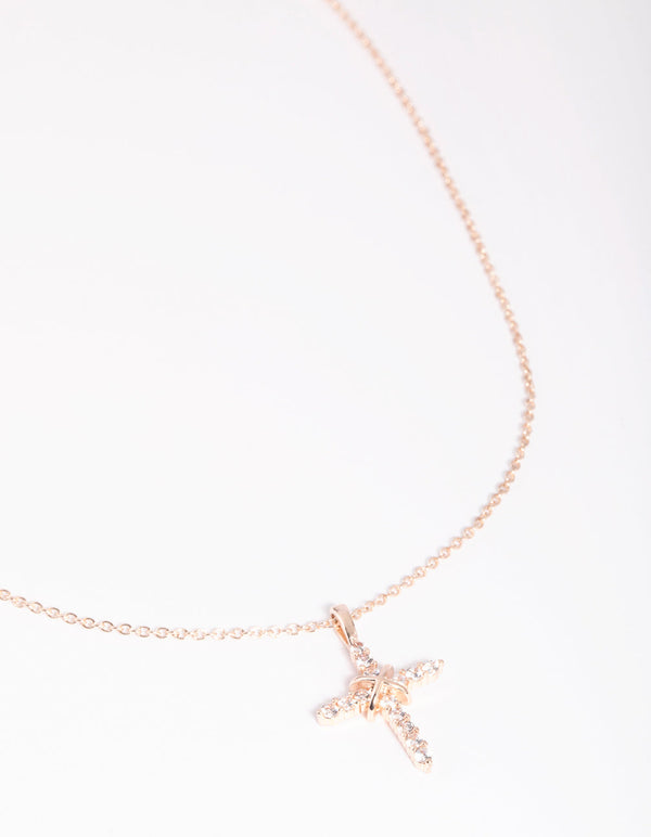 Rose Gold Cross and Diamante Necklace