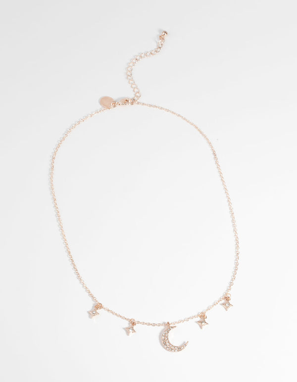 Rose Gold Star and Moon Diamante Necklace