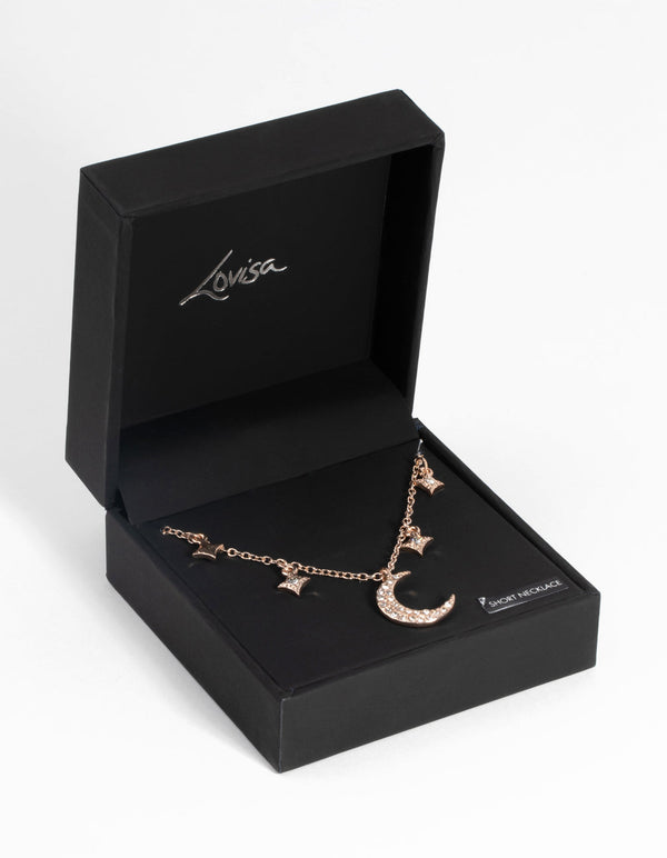 Rose Gold Star and Moon Diamante Necklace