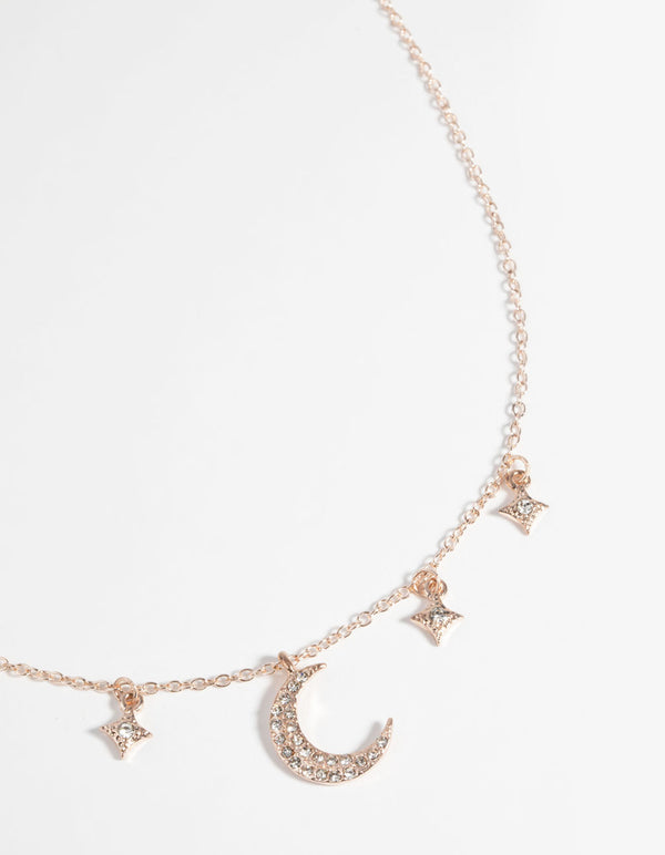 Rose Gold Star and Moon Diamante Necklace