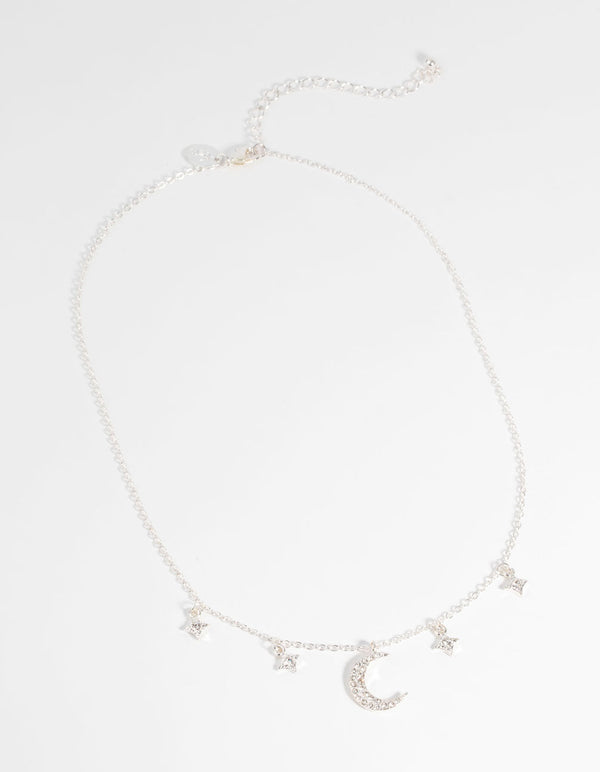 Silver Star and Moon Diamante Necklace