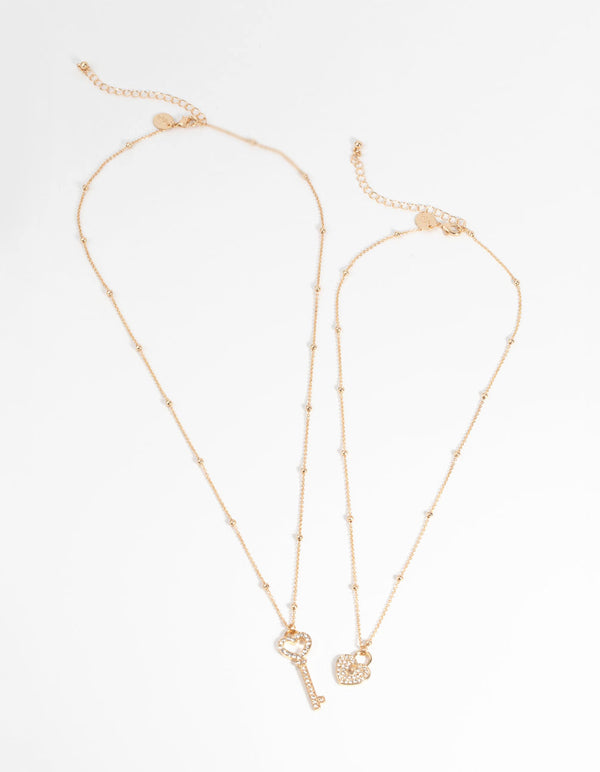 Gold Lock and Key Diamante Necklace
