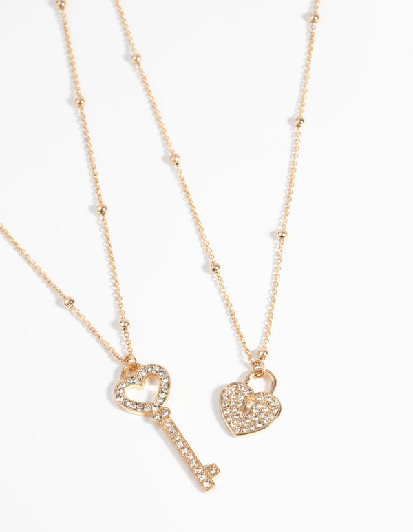 Gold Lock and Key Diamante Necklace