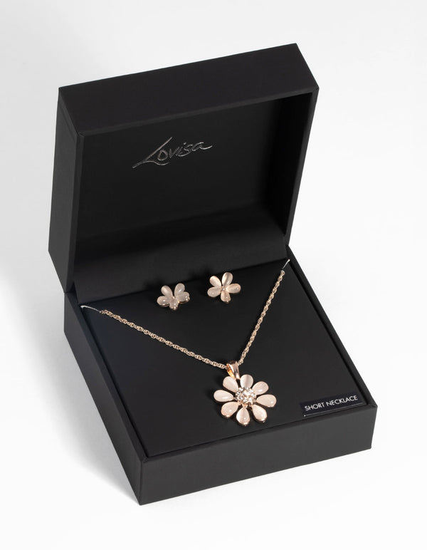 Rose Gold Daisy Necklace and Earring Set