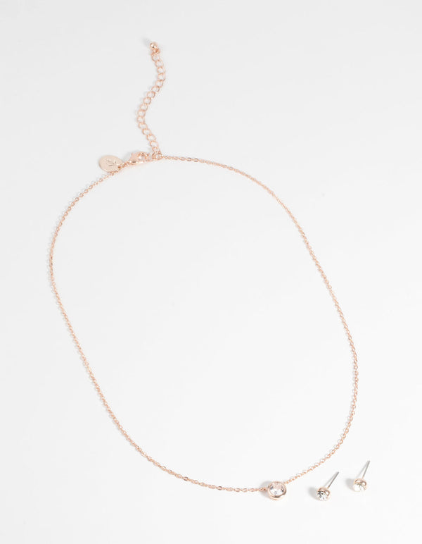 Rose Gold Diamante Pendant Necklace and Earring Set
