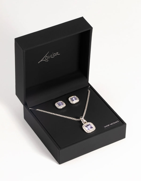 Silver Square-Cut Diamante Necklace and Earring Set