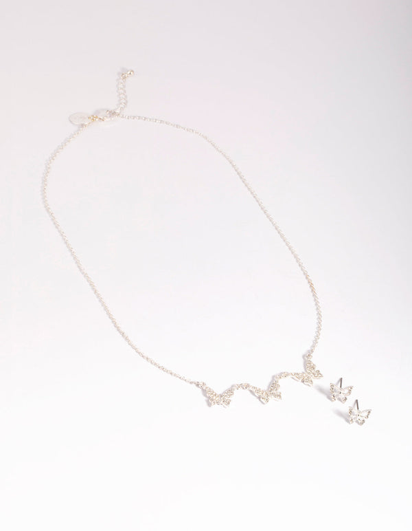 Silver Diamante and Butterfly Necklace and Earring Set