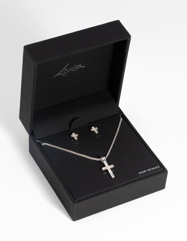 Silver Diamante Cross Necklace and Earring Set