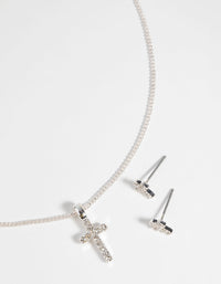 Silver Diamante Cross Necklace and Earring Set - link has visual effect only