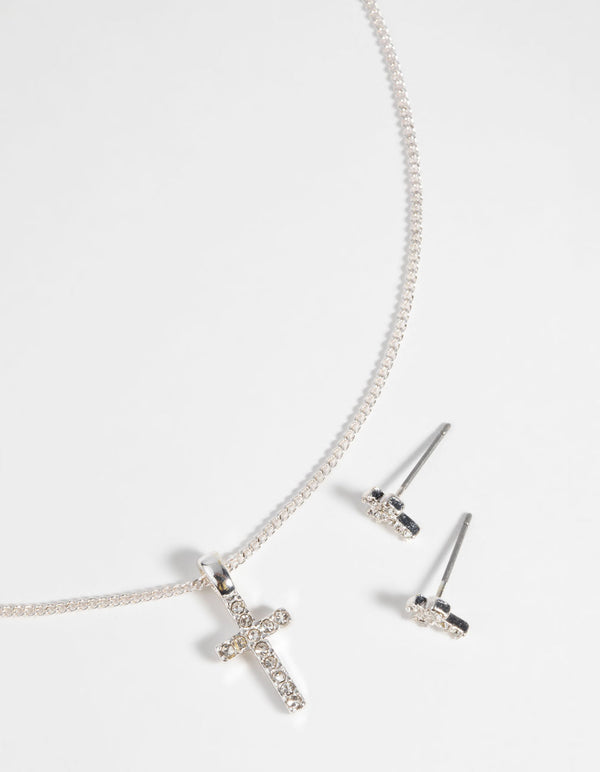 Silver Diamante Cross Necklace and Earring Set
