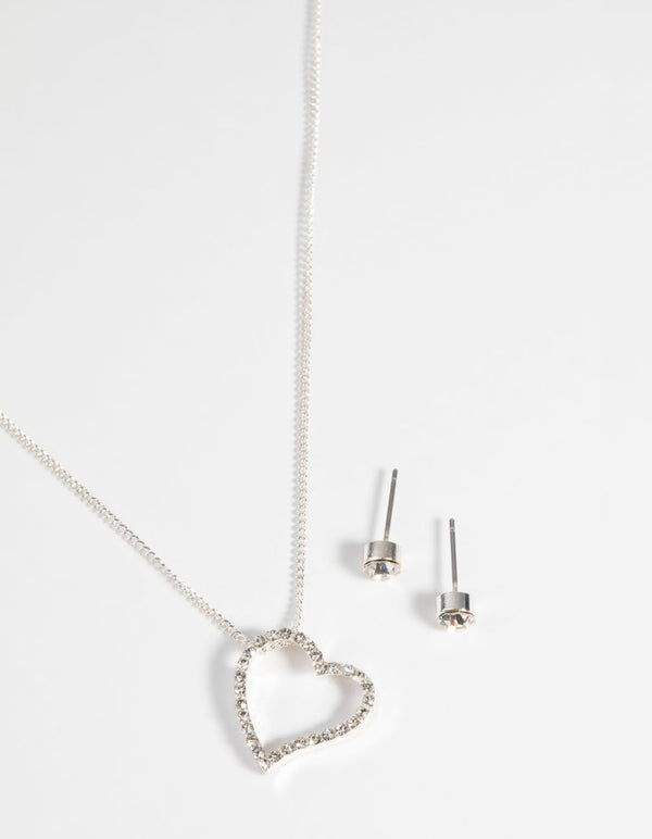 Silver Diamante Heart Necklace and Earring Set